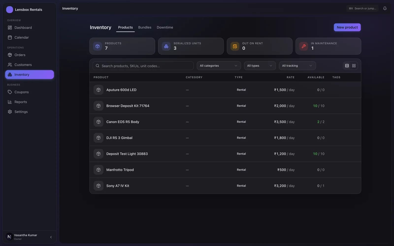 The Vaadify inventory list with live availability