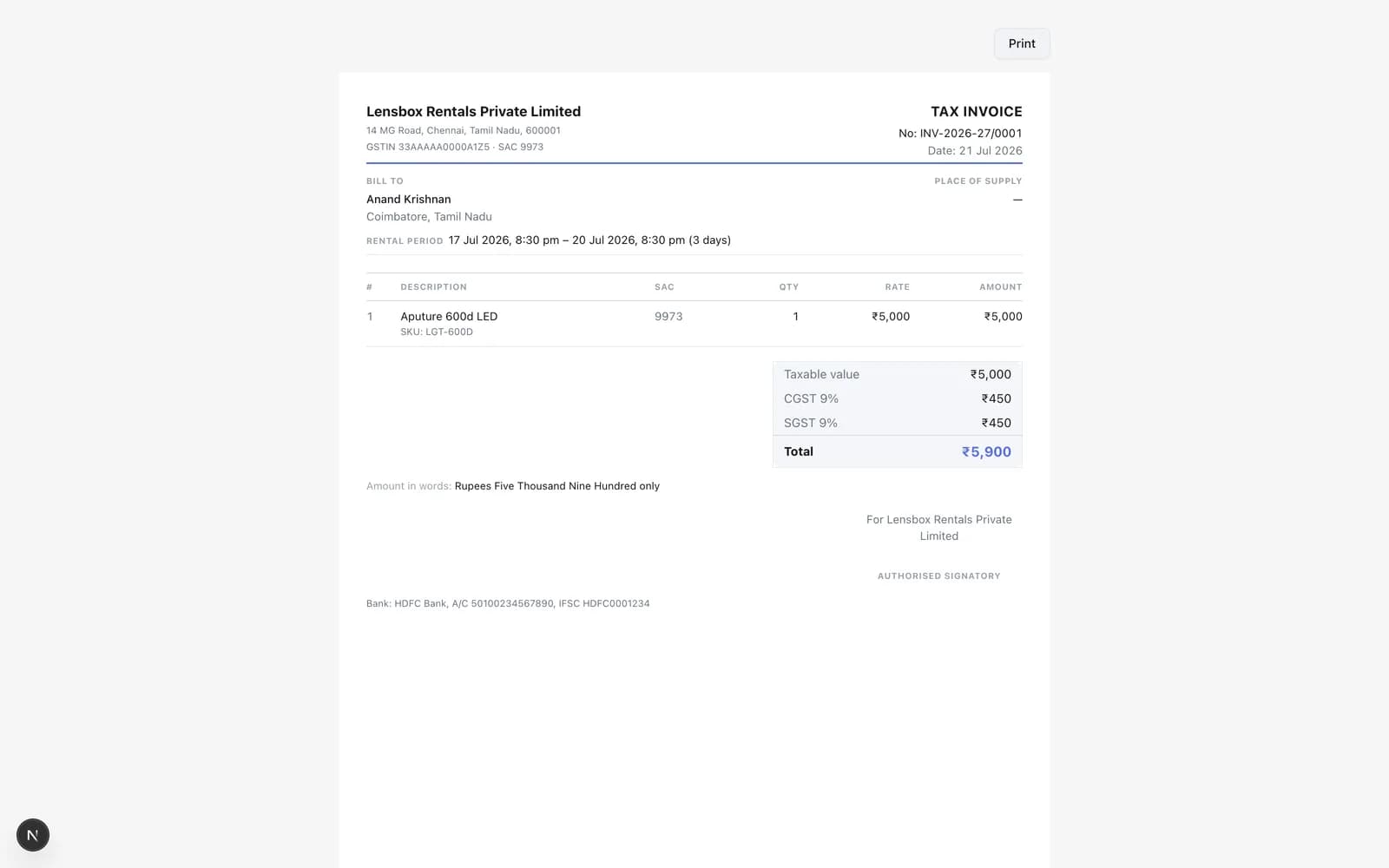 A generated GST tax invoice PDF in Vaadify